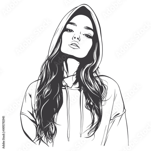 vector drawing of a girl in a hoodie .Generative AI