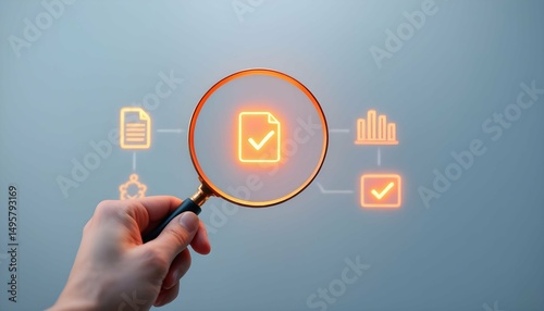 Hand Holding Magnifying Glass Focusing on Approved Document Workflow