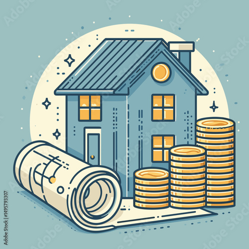 House illustration with stacks of coins and financial documents  