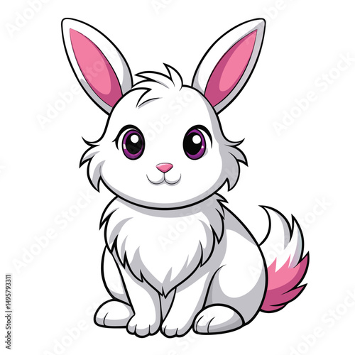 A small, fluffy white rabbit with pink ears sits and appears to be grooming its paws with white background