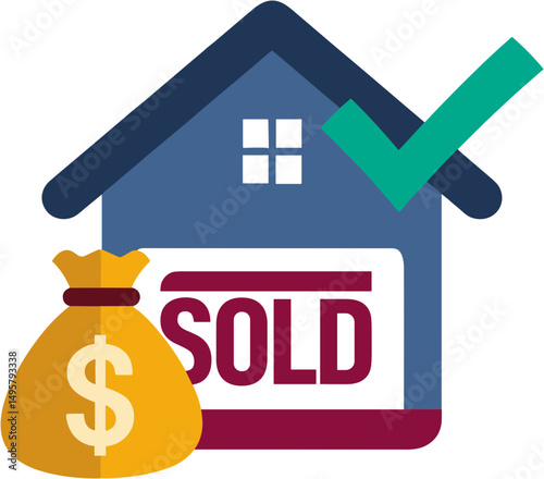 House symbol with sold sign and money bag representing real estate  