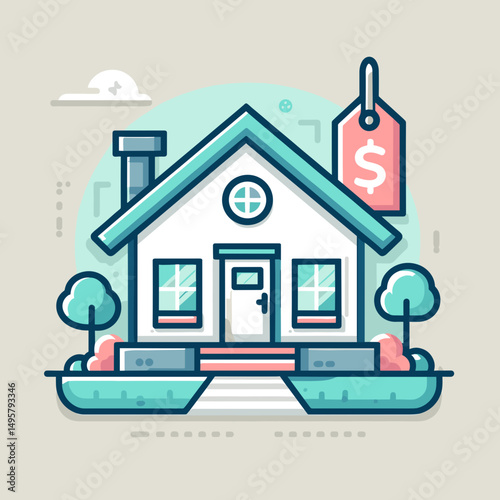 House illustration with price tag and green landscaping elements  