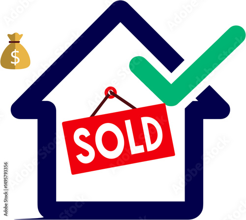 Sold house icon with dollar sign and checkmark for real estate  