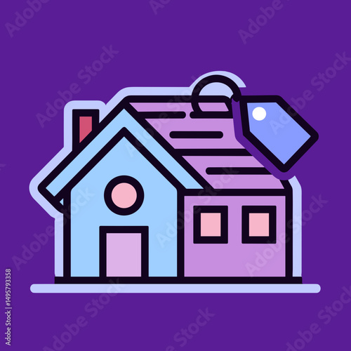 Colorful house illustration with price tag on purple background  