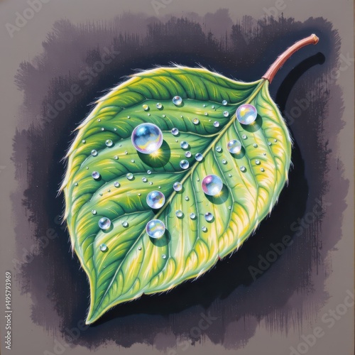 naturalistic pastel drawing of dew drops on a leaf with gentle shading