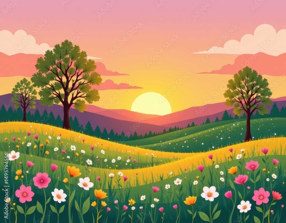 Fototapeta premium minimalist art of a stylized meadow with simple flowers, trees, and a gradient sunset sky