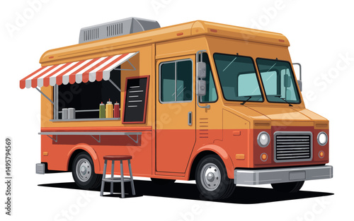 Retro Orange Food Truck with Striped Awning and Menu Board