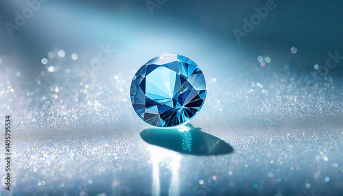 round cut zircon in icy blue tones glimmers on frosted glass surface with shimmering highlights