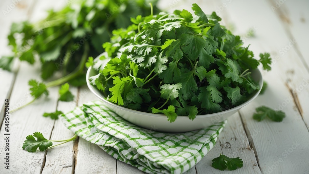 Fototapeta premium Fresh cilantro on a white wood table