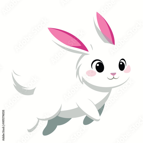 A small, white rabbit with pink ears and dark eyes appears to be hopping or jumping with white background.