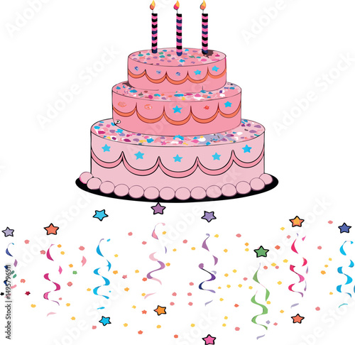 Vector image of a large celebratory birthday cake with candles aflame.