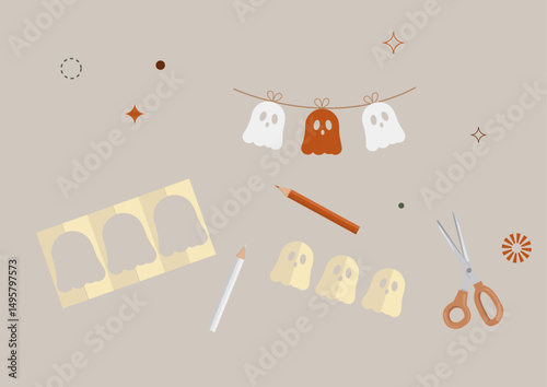 Neutral Aesthetic Halloween Ghost Craft Supplies Flat Lay. DIY ghost bunting, crafting tools. rustic Halloween decor projects. Sustainable halloween concept. Flat style. Vector illustration