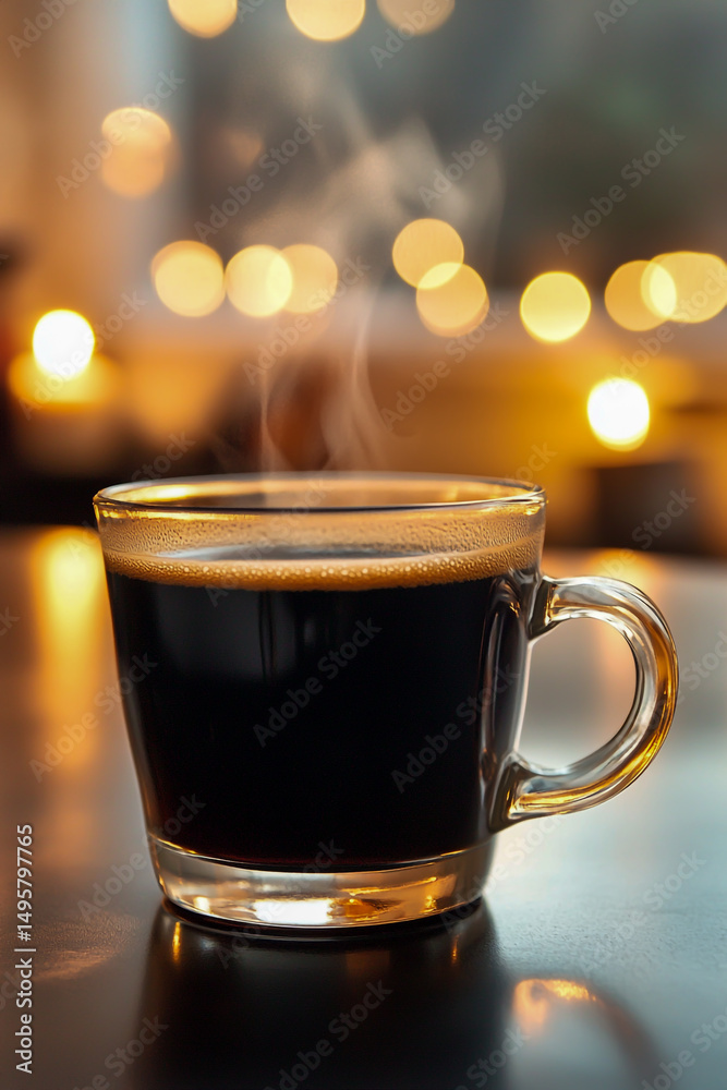 Obraz premium A steaming cup of black coffee served in an elegant, clear glass mug, showcasing its deep, aromatic blend.
