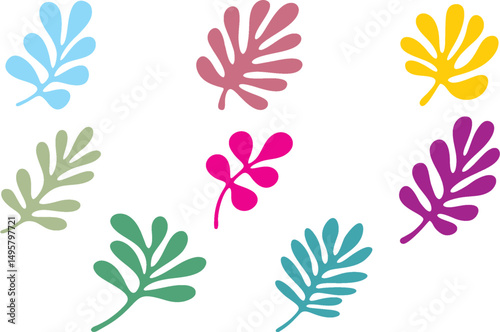 Different color  tropical leaves on white. Botanical branches elements for design. Abstract floral print, trendy collage patterns. Floral botanic, fabric design templates. Editable vector EPS 10.