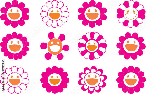 Smiling funny flowers stock images on white. Smiling faces, Cute camomile happy emotion. Illustration of smile floral flower, bloom camomile. Hippie 60s, 70s style. Emotion stickers, editable EPS 10.