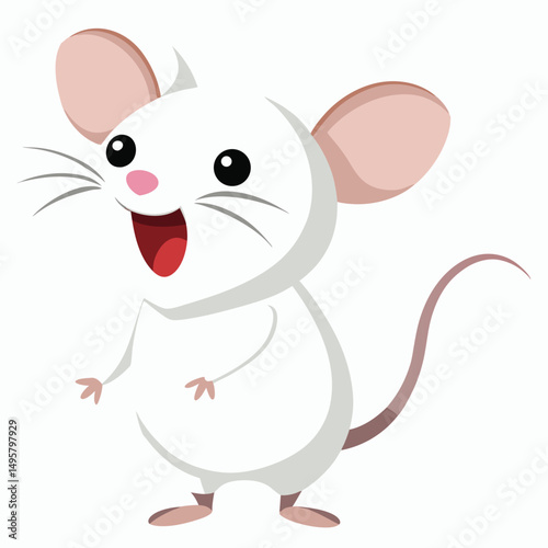 A tiny white mouse with big ears stands on its hind legs with its mouth open, appearing to be singing or squeaking with white background.