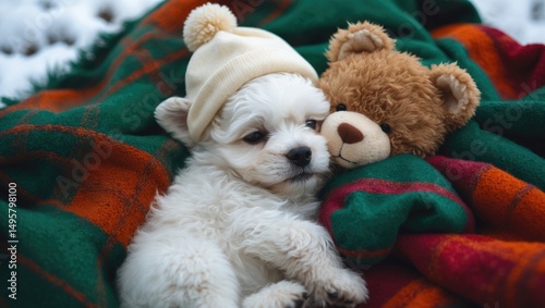 Tiny Bichon Frise dog wearing a warm hat snuggles with a teddy bear and sleeps under layers of cozy blankets in frigid conditions
