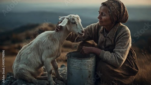 Woman in traditional peasant attire gently milks a white goat in a tranquil mountainous landscape during twilight, collecting milk in a bucket, evoking rural life and sustainable farming