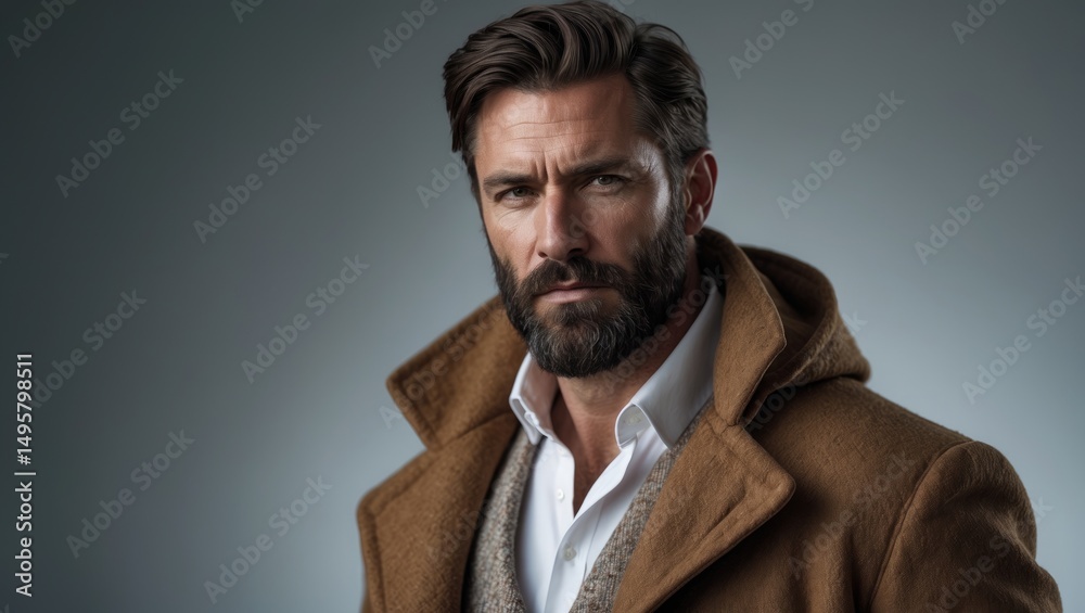 Fototapeta premium Portrait featuring a bearded man clad in a winter jacket on a grey background.