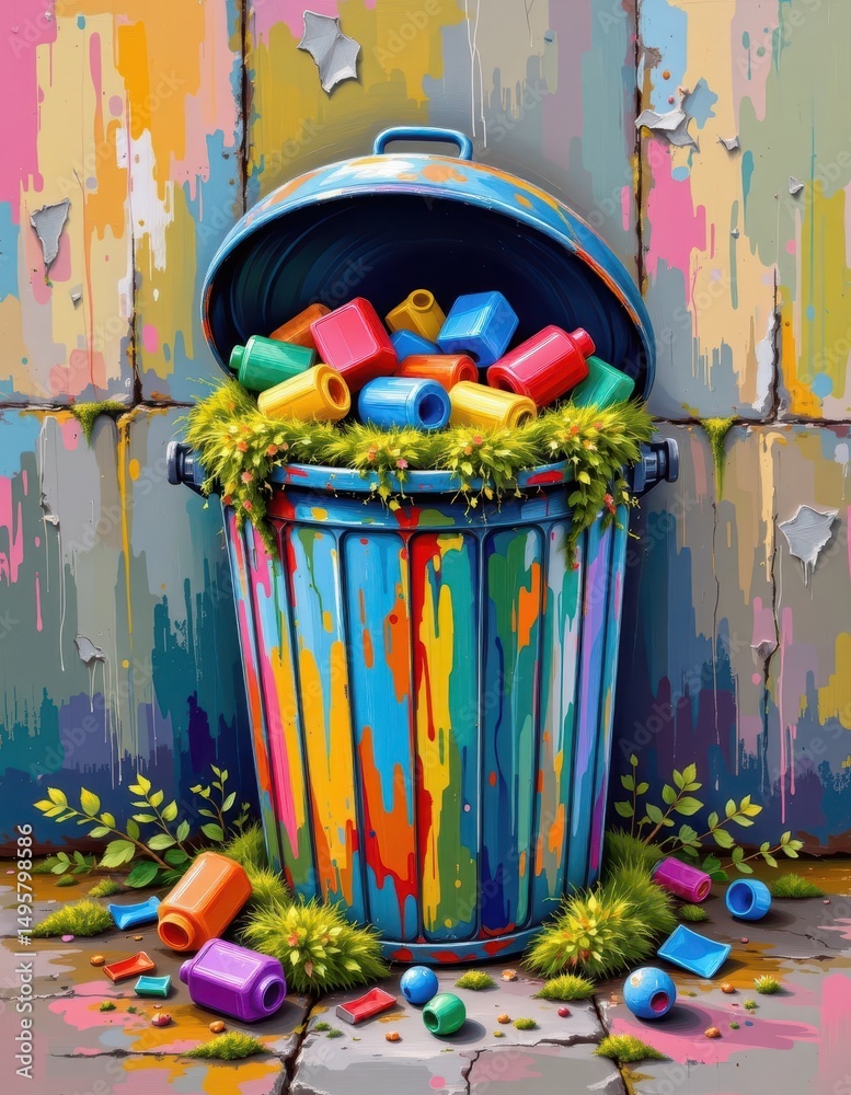 Fototapeta premium fauvist style painting of a trash can overflowing with colorful plastic and moss, bold brushstrokes, vivid colors