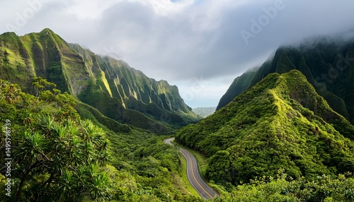 green hawaii mountains with a single road