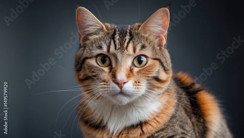 A colorful tabby feline staring into the camera
