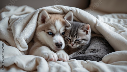 Husky puppy and serious kitten snuggling together beneath a white cover on the bed.