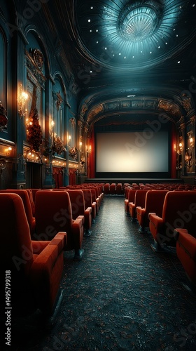 Old theater interior with plush seats and ornate architecture awaiting audience for a film screening