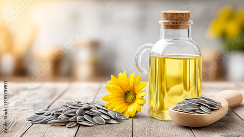 Bottle of sunflower oil with seeds and blooming sunflowers on a wooden table with a blurred green background. Natural product, eco concept, healthy oil advertisement.