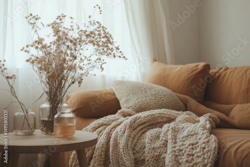 Colorful Throw Pillows and Cozy Sofa Interiors – Modern Home Decor Photography. AI generative.