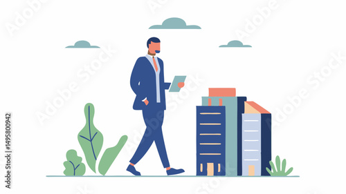 A businessman in a suit walking with buildings and greenery under a cloudy sky in a vector illustration