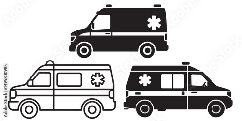 set of black ambulance icon, ambulance silhouette vector illustration-simple, outline coloring book page line art	
