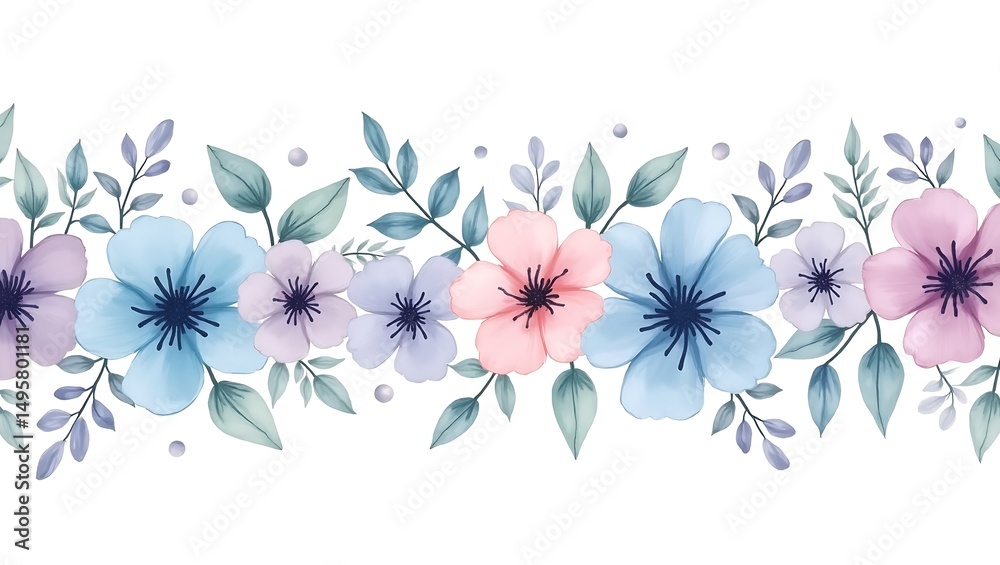 Obraz premium Seamless horizontal floral border pattern with transparent watercolor style