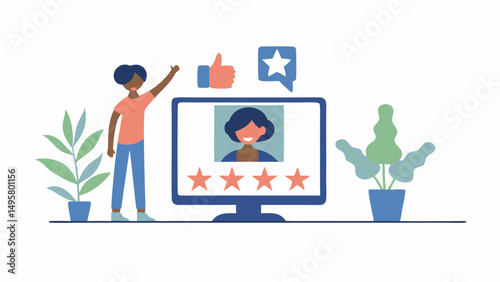 Person giving a thumbs up next to a computer monitor with a positive review and plants around it