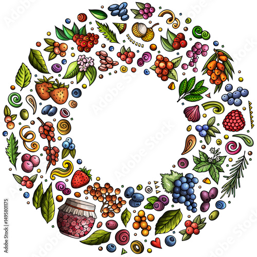 Cartoon Berry fruits objects and symbols doodle round frame composition