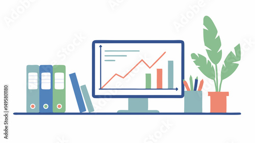 Illustration of a desk setup with a computer displaying a graph, folders, books, and a potted plant
