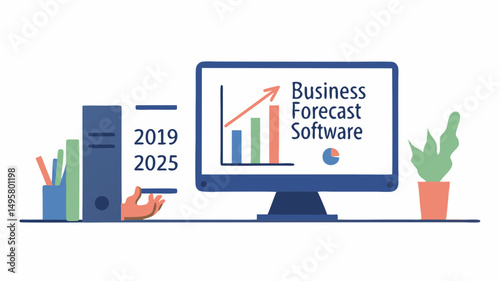 Illustration of business forecast software on a computer screen with office supplies and a plant pot near by