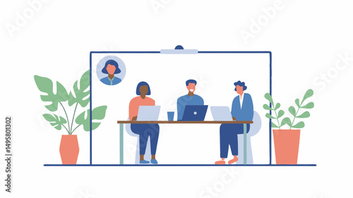 Illustration showing three people working at a table with laptops and plants in a bright office space