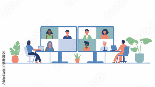 People attending a video conference with two large screens and potted plants in the background area