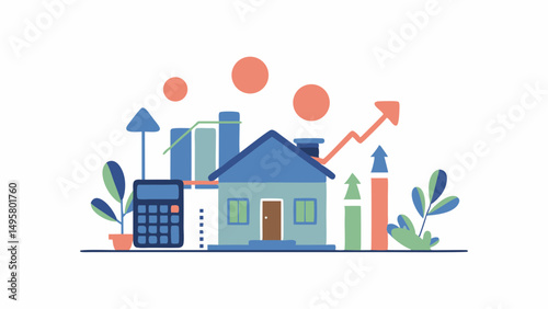 Illustration of a house with rising graphs calculator and coins suggesting real estate investment growth