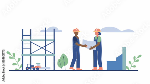 Two construction workers in hard hats reviewing blueprints at a building site with scaffolding and clouds
