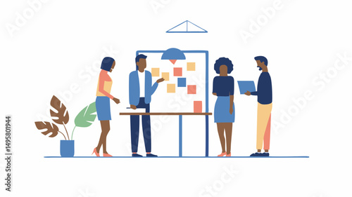 Four colleagues collaborating on a project with sticky notes on a whiteboard in a modern office space