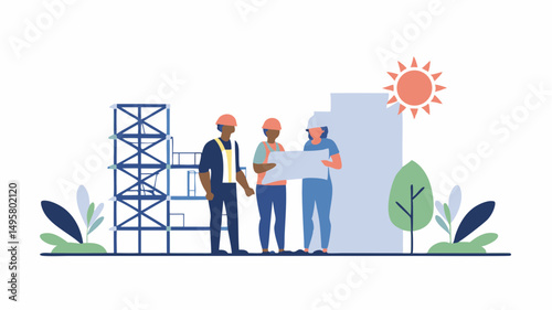 Three construction workers in hard hats reviewing blueprints at a construction site with a building frame