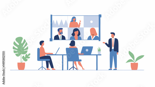 Illustration of a business meeting with people on a video call and others in the same room, together online
