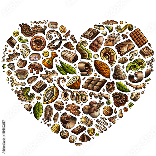 Set of Chocolate cartoon doodle objects. Heart form composition
