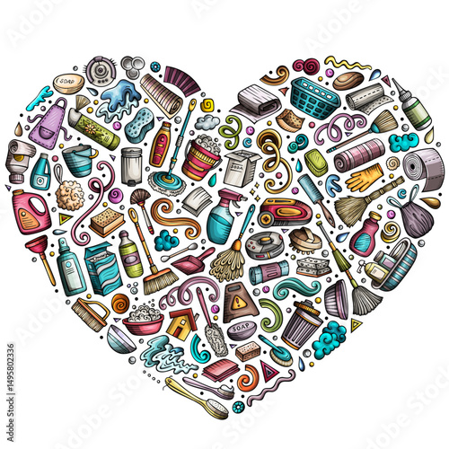 Set of Cleaning cartoon doodle objects. Heart form composition