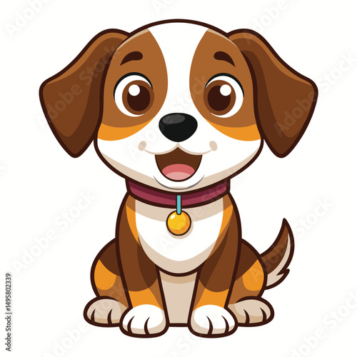 A cheerful puppy with brown and white fur and floppy ears sits with its tongue slightly out, wearing a studded collar  with white background