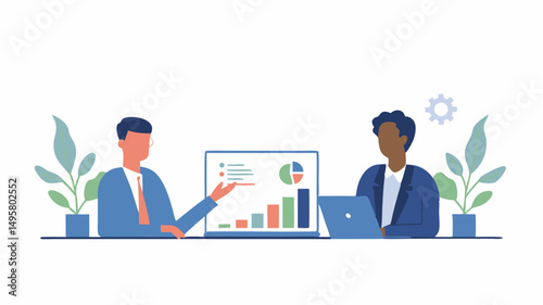 Two business people in a meeting discussing charts and graphs presented on a laptop screen at the office