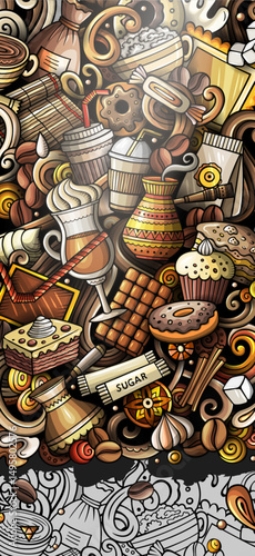 Coffee hand drawn doodle banner. Cartoon detailed flyer.