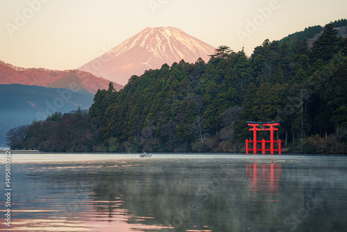 Mount Fuji and Torii Gate at Lake Ashi, Hakone, Japan